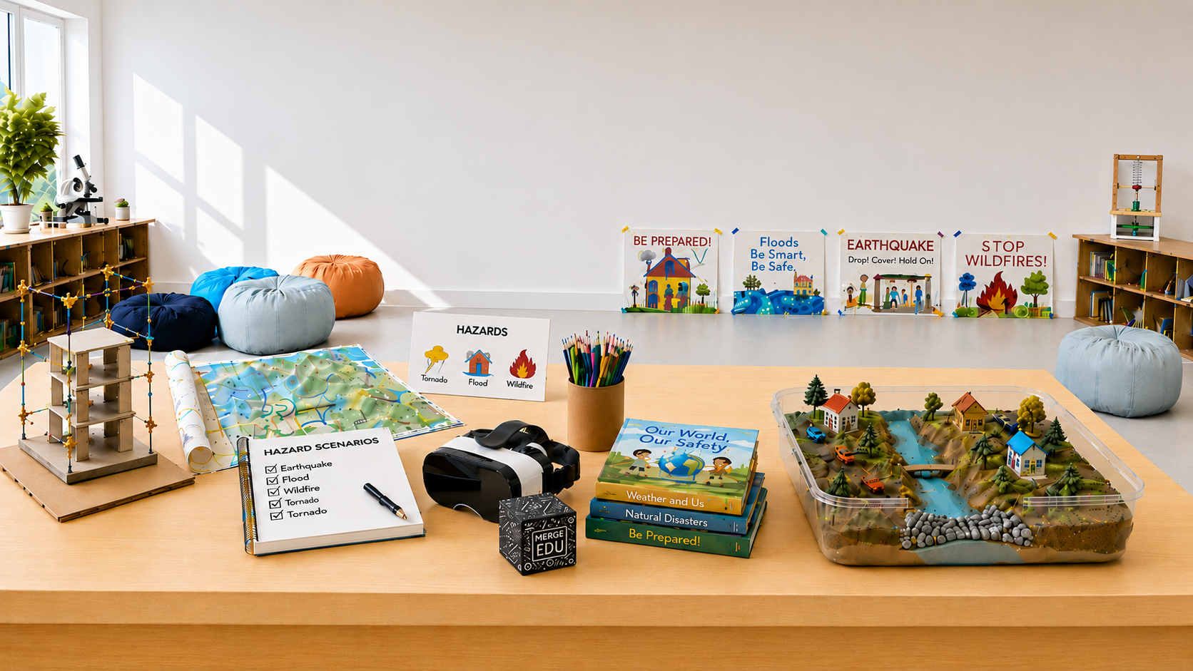 A disaster preparedness learning space with educational models, maps, VR equipment and hazard resources